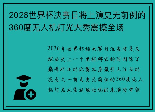 2026世界杯决赛日将上演史无前例的360度无人机灯光大秀震撼全场 2026世界杯决赛日将上演史无前例的360度无人机灯光大秀震撼全场
